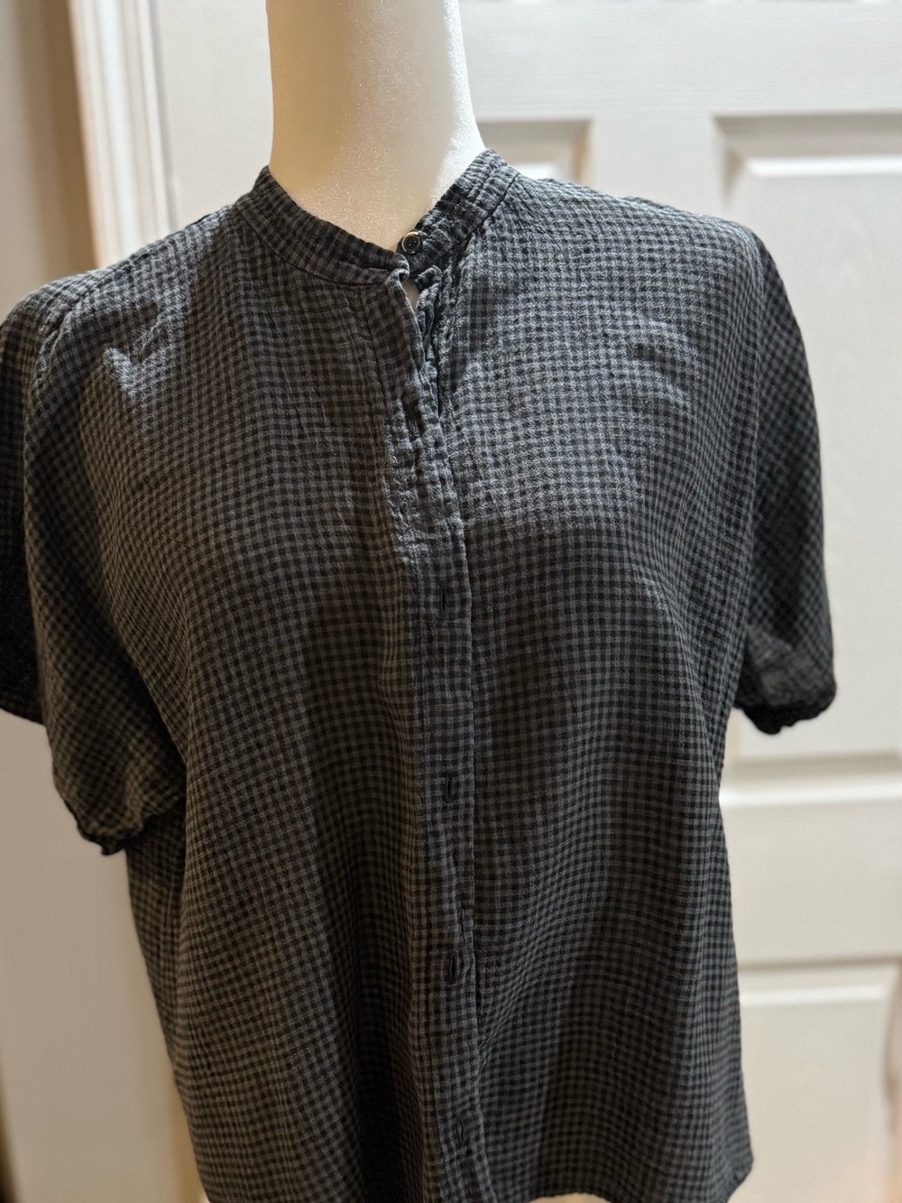 Eileen Fisher Black and Green Micro-Check Button-Front Top